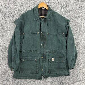 Vintage Carhartt Jacket Mens XL Green Canvas Cape Duster Lined Chore Coat USA
